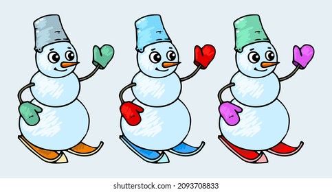 Set of colorful Snowmen, doodle style. New Year vector, colorful illustration. 