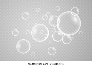 A set of colorful and colorful soap bubbles to create a design. Isolated, transparent, realistic soap bubbles on a transparent background.

