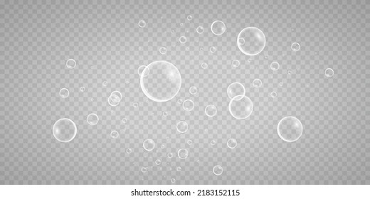 A set of colorful and colorful soap bubbles to create a design. Isolated, transparent, realistic soap bubbles on a transparent background.
