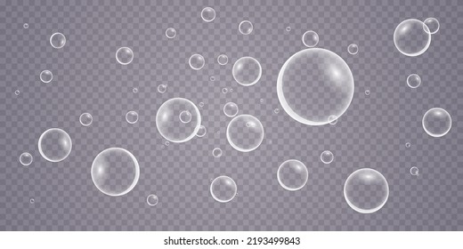 A set of colorful and colorful soap bubbles to create a design. Isolated, transparent, realistic soap bubbles on a transparent background.
