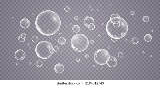 A set of colorful and colorful soap bubbles to create a design. Isolated, transparent, realistic soap bubbles on a transparent background.
