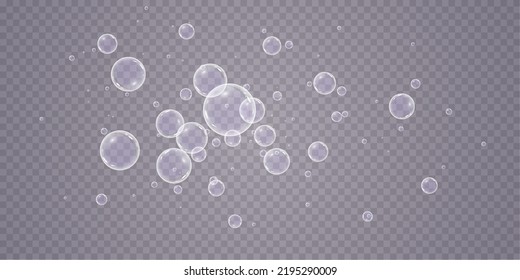 Un conjunto de burbujas de jabón coloridas y coloridas para crear un diseño. Burbujas de jabón aisladas, transparentes, realistas sobre un fondo transparente.
