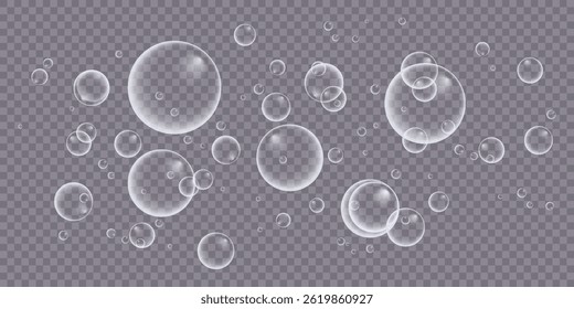 A set of colorful and colorful soap bubbles to create a design. Isolated, transparent, realistic soap bubbles on a transparent background.
