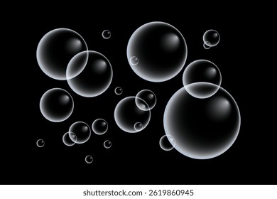 A set of colorful and colorful soap bubbles to create a design. Isolated, transparent, realistic soap bubbles on a transparent background.