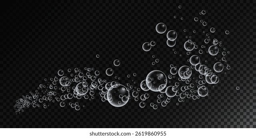 Um conjunto de bolhas de sabão coloridas e coloridas para criar um design. Bolhas de sabão isoladas, transparentes e realistas em um fundo transparente.