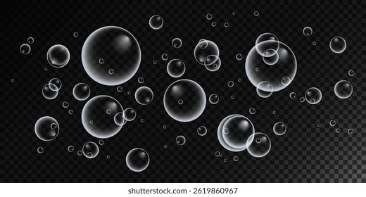 A set of colorful and colorful soap bubbles to create a design. Isolated, transparent, realistic soap bubbles on a transparent background.