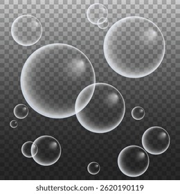 Um conjunto de bolhas de sabão coloridas e coloridas para criar um design. Bolhas de sabão isoladas, transparentes e realistas em um fundo transparente.