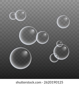 A set of colorful and colorful soap bubbles to create a design. Isolated, transparent, realistic soap bubbles on a transparent background.