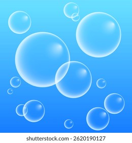 A set of colorful and colorful soap bubbles to create a design. Isolated, transparent, realistic soap bubbles on a transparent background.