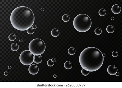 Um conjunto de bolhas de sabão coloridas e coloridas para criar um design. Bolhas de sabão isoladas, transparentes e realistas em um fundo transparente.