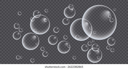 A set of colorful and colorful soap bubbles to create a design. Isolated, transparent, realistic soap bubbles on a transparent background.