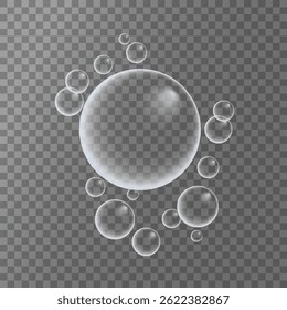 A set of colorful and colorful soap bubbles to create a design. Isolated, transparent, realistic soap bubbles on a transparent background.