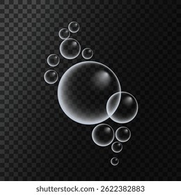 A set of colorful and colorful soap bubbles to create a design. Isolated, transparent, realistic soap bubbles on a transparent background.