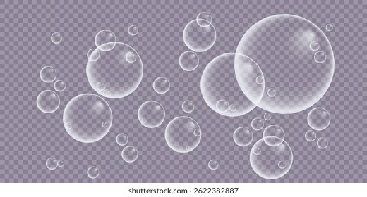 A set of colorful and colorful soap bubbles to create a design. Isolated, transparent, realistic soap bubbles on a transparent background.