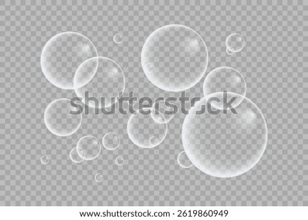 A set of colorful and colorful soap bubbles to create a design. Isolated, transparent, realistic soap bubbles on a transparent background.