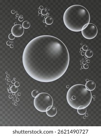 Set of colorful soap bubbles for design creation. Isolated, transparent, realistic soap bubbles on transparent background.