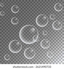Set of colorful soap bubbles for design creation. Isolated, transparent, realistic soap bubbles on transparent background.