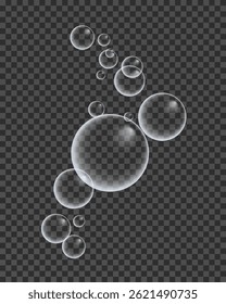 Set of colorful soap bubbles for design creation. Isolated, transparent, realistic soap bubbles on transparent background.