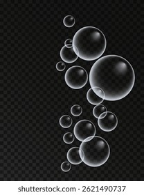 Set of colorful soap bubbles for design creation. Isolated, transparent, realistic soap bubbles on transparent background.