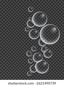 Set of colorful soap bubbles for design creation. Isolated, transparent, realistic soap bubbles on transparent background.