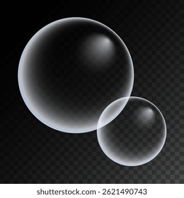Set of colorful soap bubbles for design creation. Isolated, transparent, realistic soap bubbles on transparent background.
