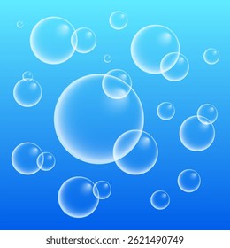 Set of colorful soap bubbles for design creation. Isolated, transparent, realistic soap bubbles on transparent background.