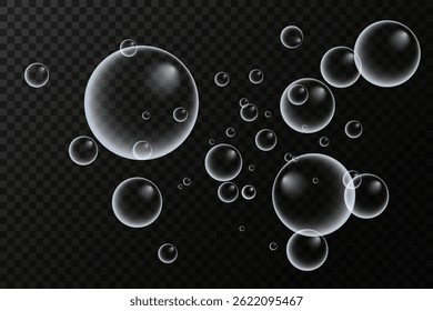 Set of colorful soap bubbles for design creation. Isolated, transparent, realistic soap bubbles on transparent background.