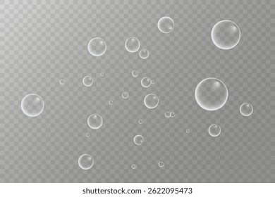 Set of colorful soap bubbles for design creation. Isolated, transparent, realistic soap bubbles on transparent background.