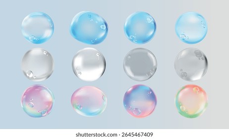 Set of colorful soap bubbles in various shades. Transparent bubbles with reflections. Bubbles in blue, pink, and rainbow hues. Glossy and translucent bubbles. Soap bubble element vector set.