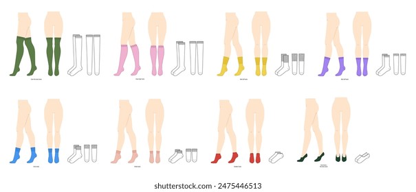 Set of colorful socks different lengths - low cut, high low ankle, crew, mid calf, knee high, over knee, thigh high with technical CADs. Fashion accessory clothing illustration stocking. Vector