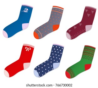 Set of colorful socks with different pattern on white background. Vector illustration