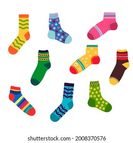 a set of colorful socks with different patterns. vector isolated on a white background.