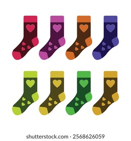 A set of colorful socks, each featuring a heart pattern.