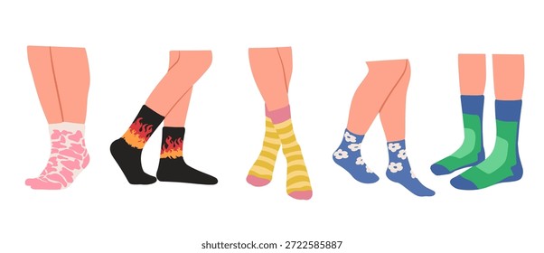Conjunto de calcetines de colores usados en las piernas humanas en diferentes estilos y patrones. Ilustración vectorial plana que muestra calcetines de moda con diseños únicos, concepto de ropa casual, accesorios de moda, ropa de todos los días y Elementos de estilo de vida modernos aislados sobre fondo blanco.
