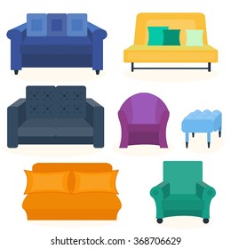 Set of colorful sofa and armchair. Vector illustration of furnitures for interiors, living rooms. Flat design