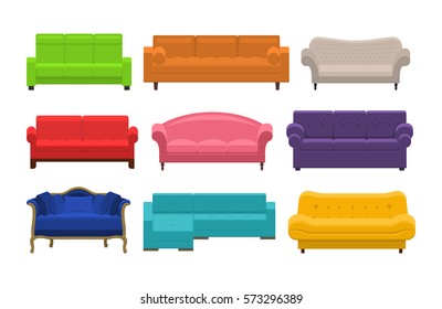 Set mit bunten Sofas. Symbolsammlung von Möbeln für ein Haus, Wohnzimmer: klassische, moderne und Vintage-Couches, Sofa mit weichem Polster. Vektorgrafik einzeln auf Weiß