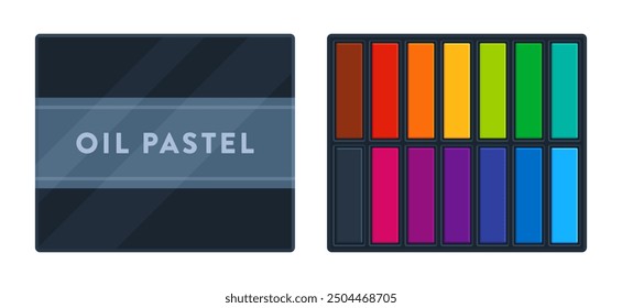 Set of colorful soft oil pastels in box packaging. Flat vector illustration isolated on white background. Art supplies and drawing concept. Perfect for creative projects and educational materials.