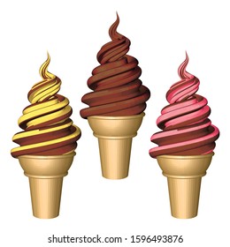 Set of Colorful Soft Serve Ice Creams in Cup Isolated on White Background. Ice Creams with Banana Chocolate and Strawberry Flavors. 3d Realistic Vector Illustration.