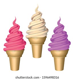 Set of Colorful Soft Serve Ice Creams in Cup Isolated on White Background. Ice Creams with Strawberry Creamy and Blueberry Flavors. 3d Realistic Vector Illustration.
