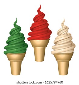 Set of Colorful Soft Serve Ice Creams in Cup Isolated on White Background. Ice Creams with Strawberry, Vanilla and Mint Flavors. 3d Realistic Vector Illustration.