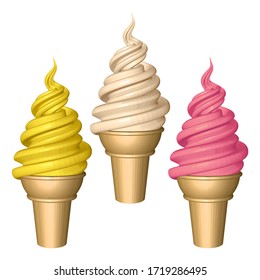 Set of Colorful Soft Serve Ice Creams in Cup Isolated on White Background. Ice Creams with Banana, Vanilla and Strawberry Flavors. 3d Realistic Vector Illustration.