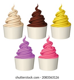 Set of Colorful Soft Serve Ice Creams in Paper Cup Isolated on White Background. Ice Creams with Strawberry, Blueberry, Vanilla, Chocolate and Sundae Flavors. 3d Realistic Vector Illustration.