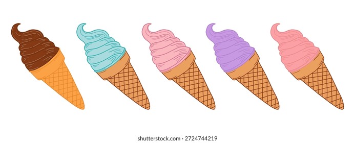 Conjunto de conos de helado de colores suaves servir Ilustración vectorial. Helado de sabor surtido dibujado a mano en conos de waffle