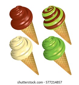 Set of Colorful Soft Serve Ice Creams in Cone Isolated on White Background. Chocolate Pistachio and Creamy Ice Creams in Waffles. 3d Realistic Vector Illustration.