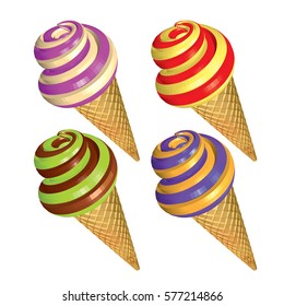 Set of Colorful Soft Serve Ice Creams in Cone Isolated on White Background. Blueberry Strawberry Chocolate Pistachio and Banana Striped Ice Creams in Waffles. 3d Realistic Vector Illustration.