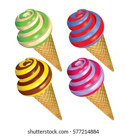 Set of Colorful Soft Serve Ice Creams in Cone Isolated on White Background. Pistachio Strawberry Banana Chocolate and Blueberry Striped Ice Creams in Waffles. 3d Realistic Vector Illustration.