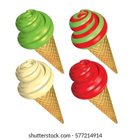 Set of Colorful Soft Serve Ice Creams in Cone Isolated on White Background. Pistachio Strawberry and Creamy Striped Ice Creams in Waffles. 3d Realistic Vector Illustration.