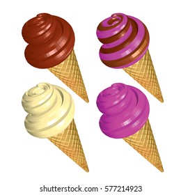 Set of Colorful Soft Serve Ice Creams in Cone Isolated on White Background. Chocolate Blueberry and Creamy Ice Creams in Waffles. 3d Realistic Vector Illustration.