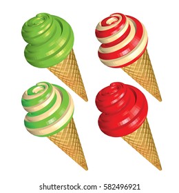 Set of Colorful Soft Serve Ice Creams in Cone Isolated on White Background. Pistachio Strawberry and Creamy Ice Creams in Waffles. 3d Realistic Vector Illustration.