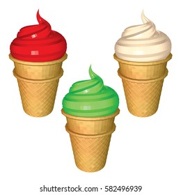 Set of Colorful Soft Serve Ice Creams in Cup Isolated on White Background. Ice Creams with Strawberry Creamy and Mint Flavors. 3d Realistic Vector Illustration.